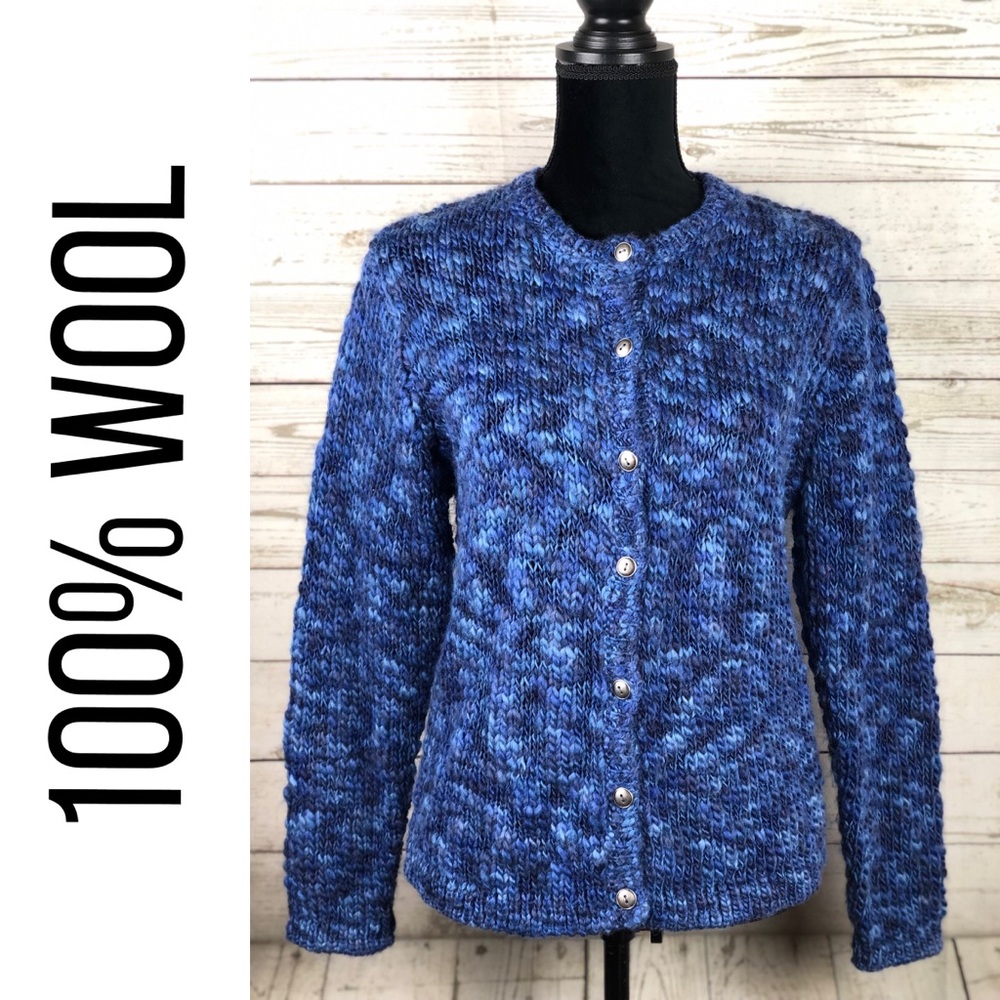 Marbled Blue 100% Italian Wool Cardigan Sweater M